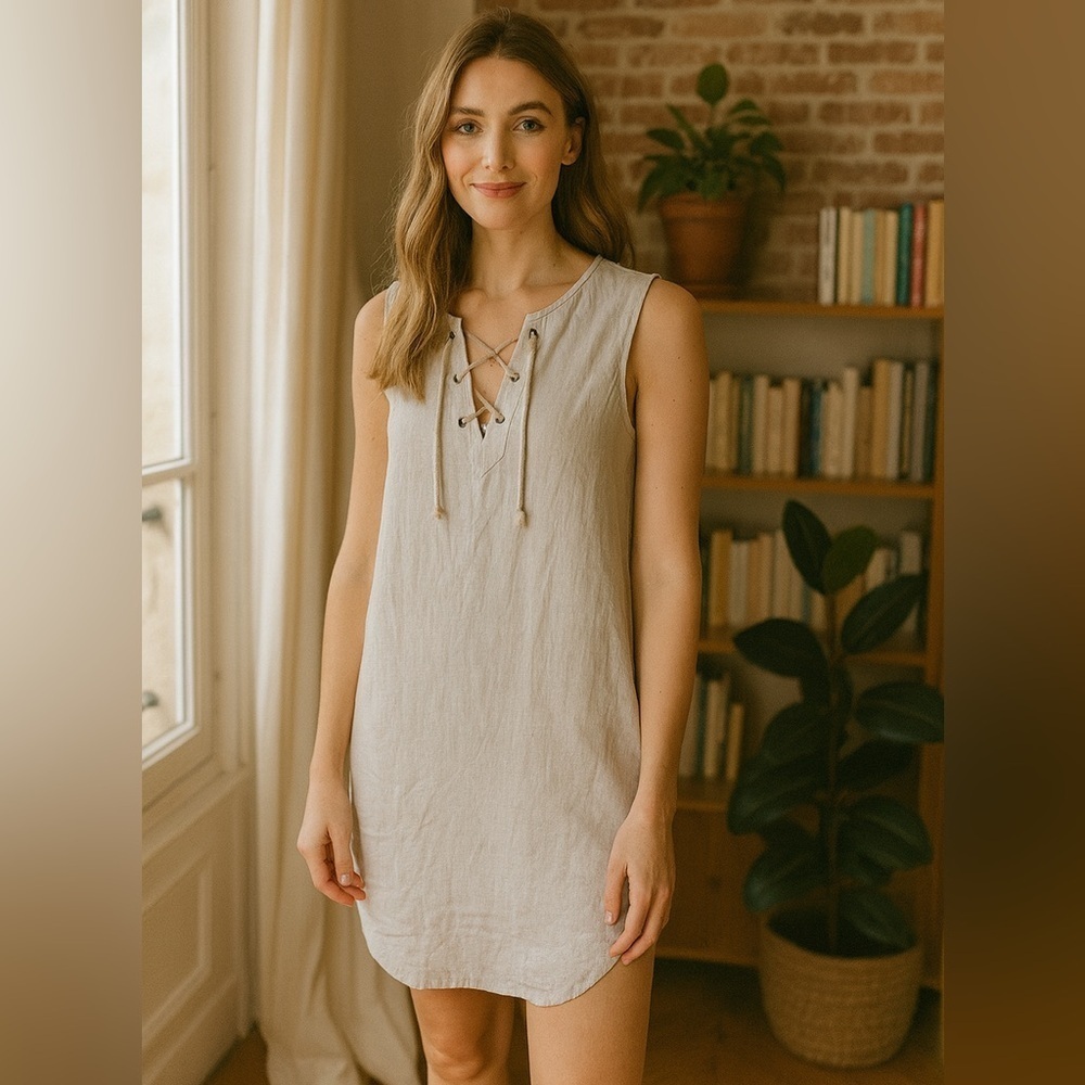 Bella Dahl Linen Tencel Blend lace up Neck Beige Dress size Small